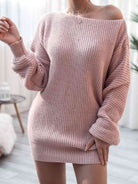 Rib-Knit Balloon Sleeve Boat Neck Sweater Dress - Stormyjay