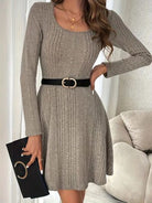 Ribbed Scoop Neck Long Sleeve Sweater Dress - Stormyjay