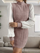 Ribbed Contrast Long Sleeve Sweater Dress - Stormyjay