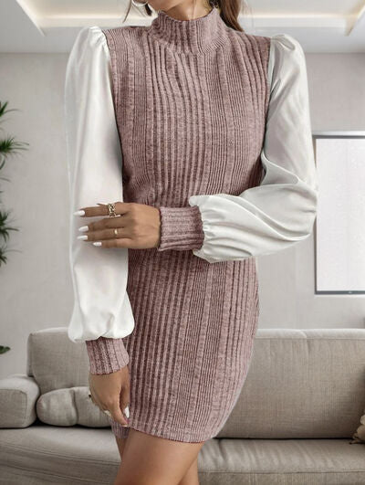 Ribbed Contrast Long Sleeve Sweater Dress - Stormyjay