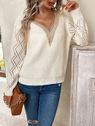 Openwork V-Neck Dropped Shoulder Sweater - Stormyjay