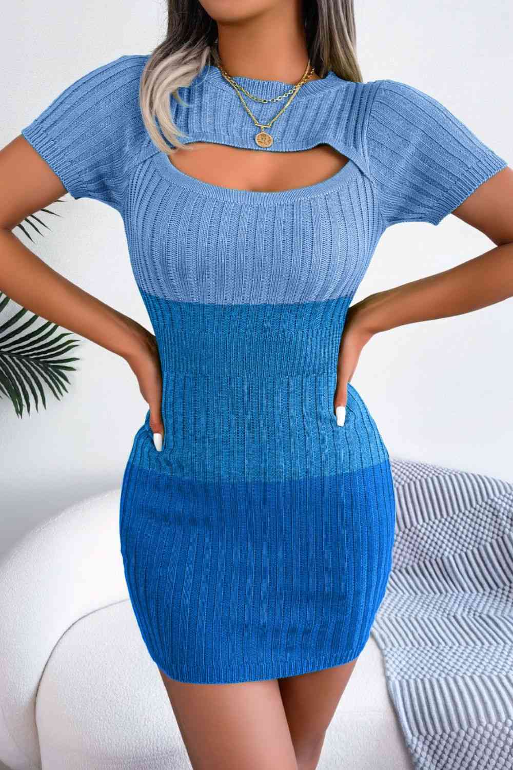 Color Block Cutout Short Sleeve Sweater Dress - Stormyjay