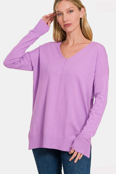 Zenana Slit V-Neck Dropped Shoulder Sweater - Stormyjay