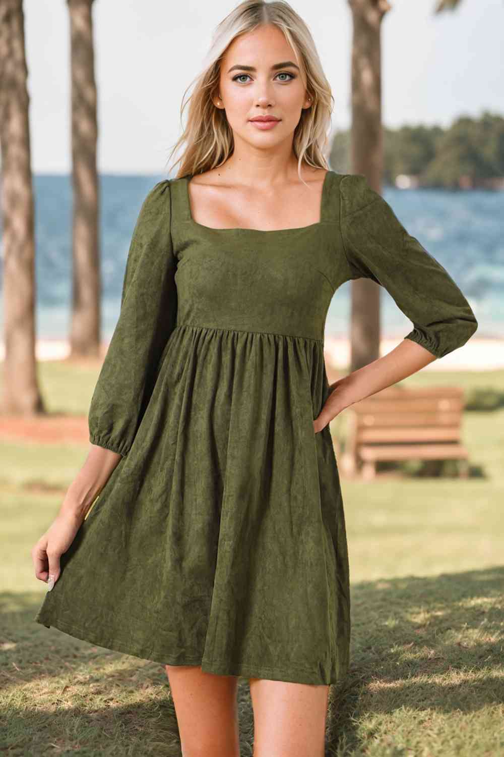 Square Neck Three-Quarter Sleeve Mini Dress