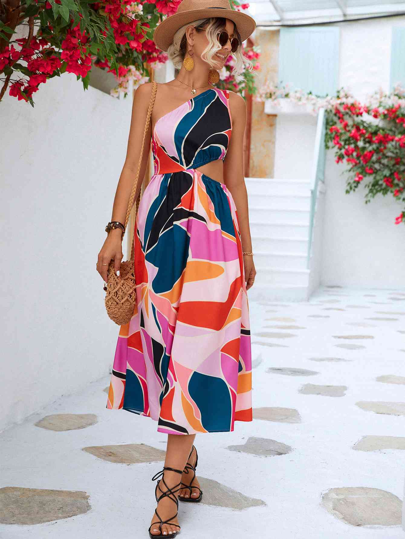 Printed Cutout One-Shoulder Sleeveless Dress - Stormyjay