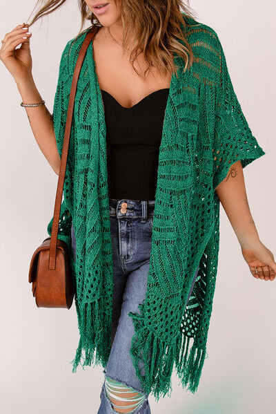 Openwork Open Front Cardigan with Fringes - Stormyjay